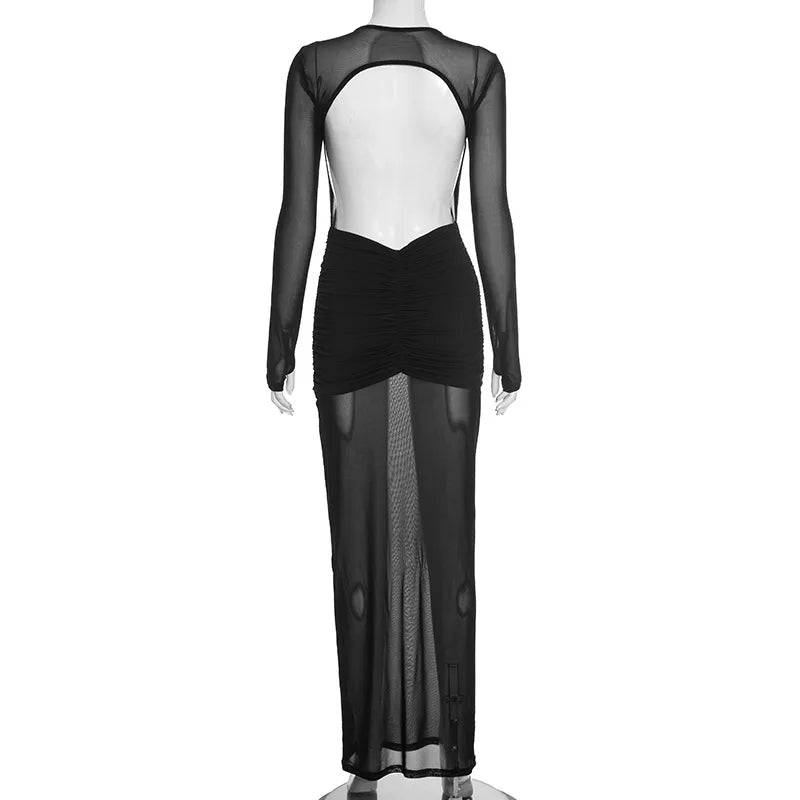 Schenectedy O Neck Long Sleeve Backless Sexy Black Mesh Full Length Maxi Dresses