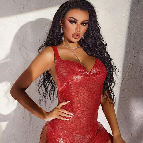 Sherbrooke Sexy Clothes High Slit Deep V Bling Backless Club Wear Party Dresses