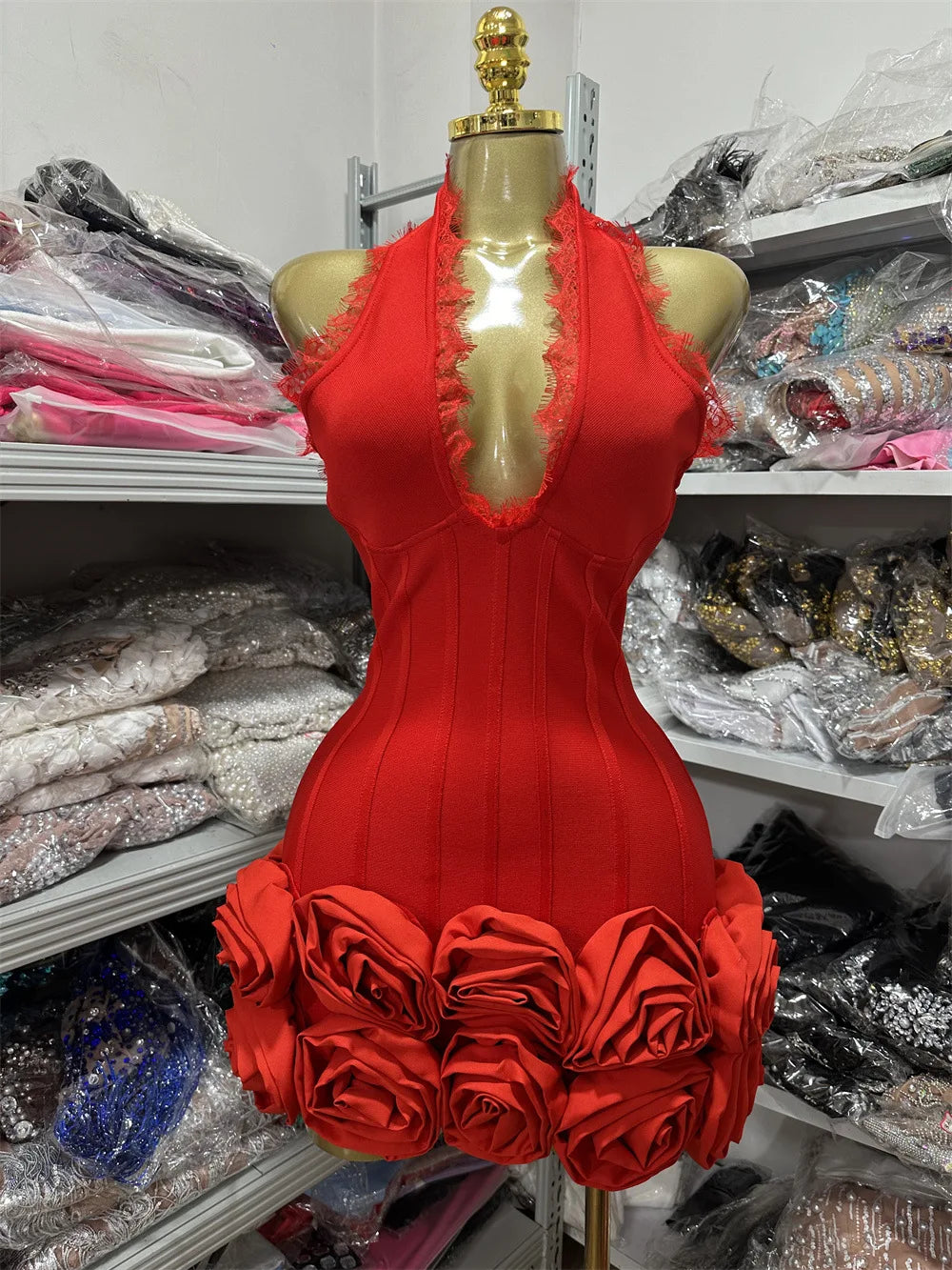 Suffern Elegant Red Funky Halter Neck Bandage Club Bodycon Mini Dress