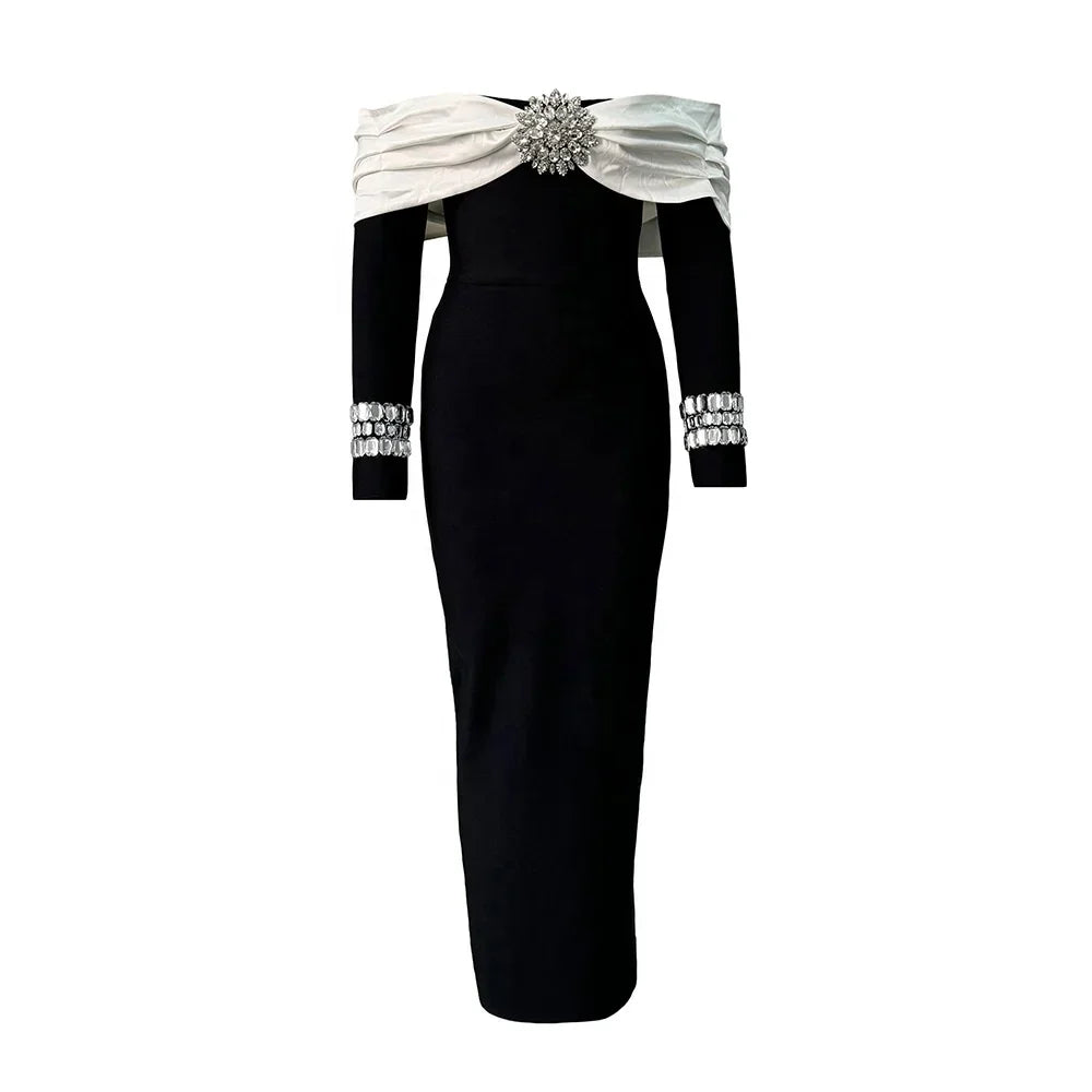 Wharton Sexy Off the Shoulder Bandage Beading Diamond Evening Elegant Dress