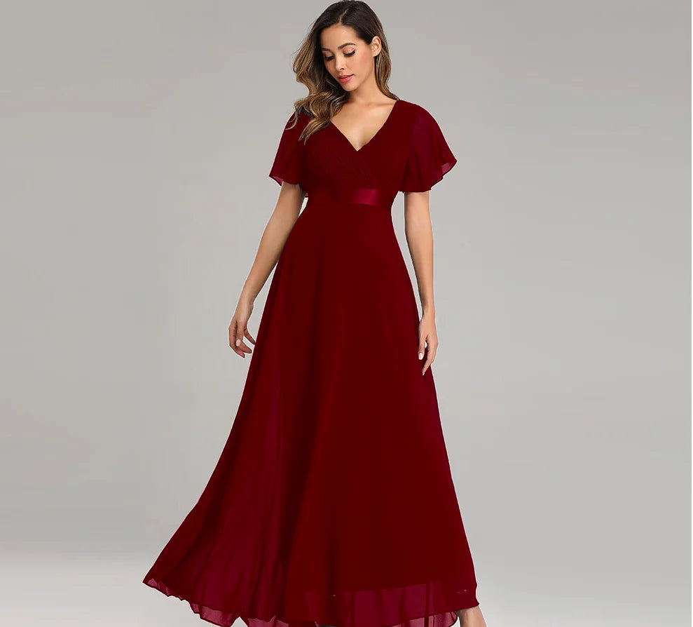 Kerney Elegant V Neck Ruffles Chiffon Formal Evening Gown Dress