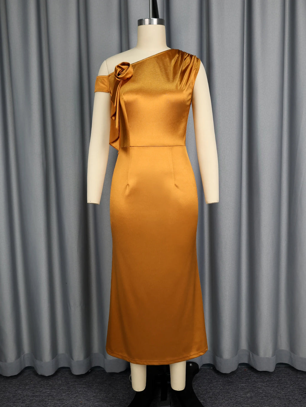 Maywood Elegant One Shoulder Asymmetrical 3D Flower Satin High Waist Brown Dress