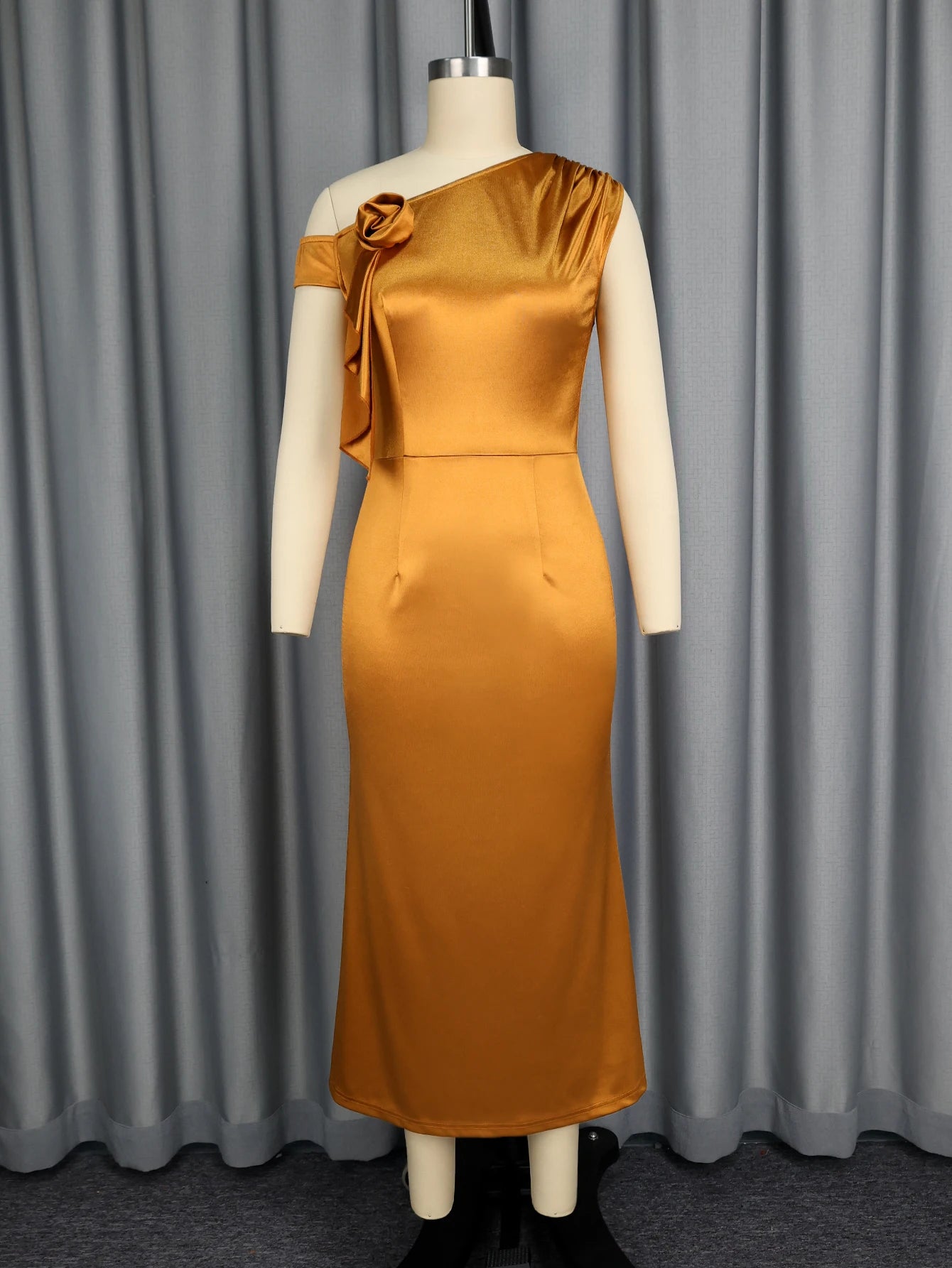 Maywood Elegant One Shoulder Asymmetrical 3D Flower Satin High Waist Brown Dress