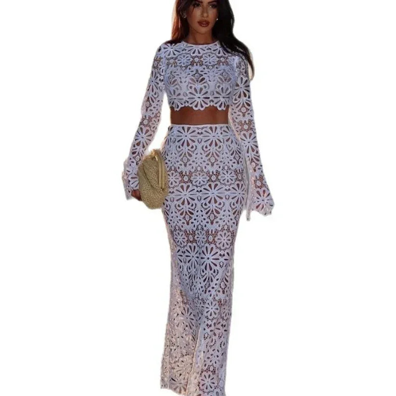 Samara Sexy Hollow Solid Casual Two Piece Set