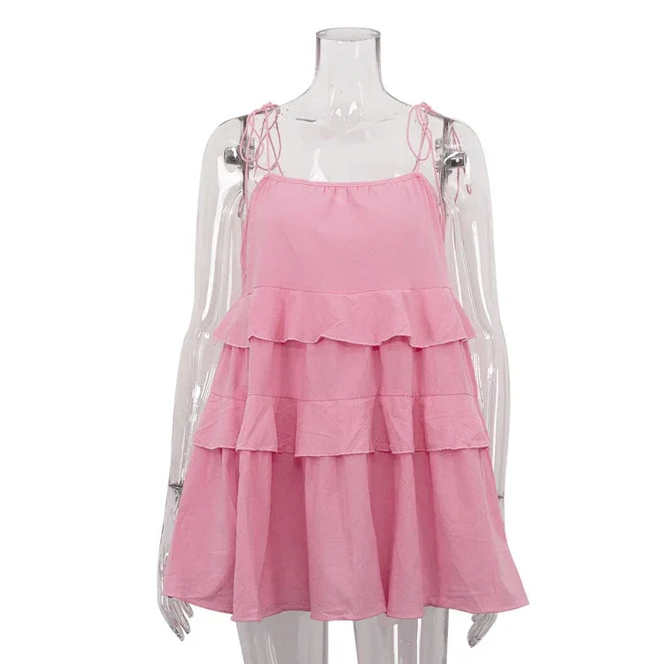 Union Solid Color Cotton Spaghetti Strap Slip Layered Ruffle Dress
