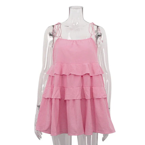 Union Solid Color Cotton Spaghetti Strap Slip Layered Ruffle Dress