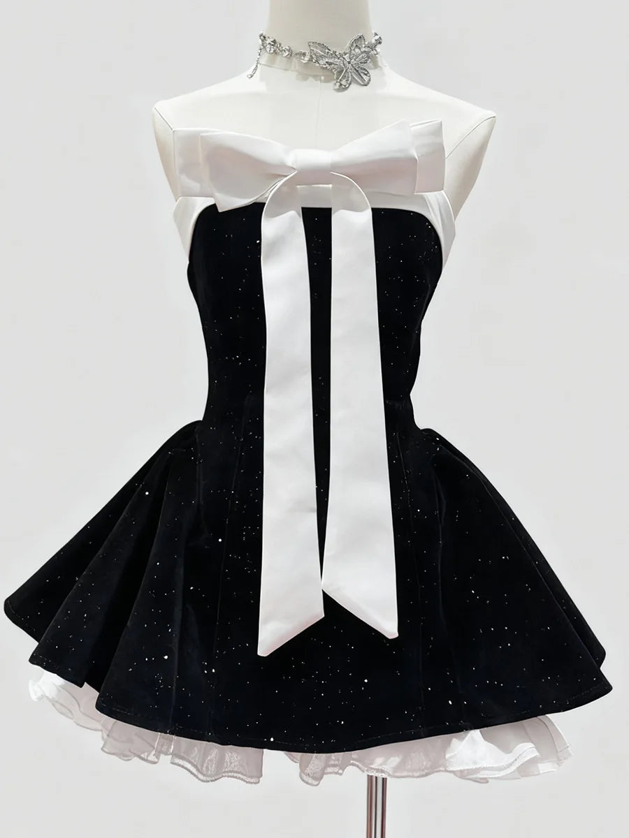 Monsey Sweet Style Sleeveless Tube Layered A-line Bow Ruffles Mini Dress