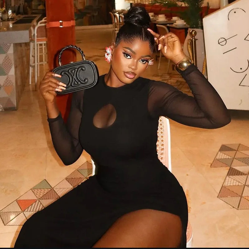 East New York Hollow Out Round Neck Long Sleeve Side Split Casual Maxi Dress