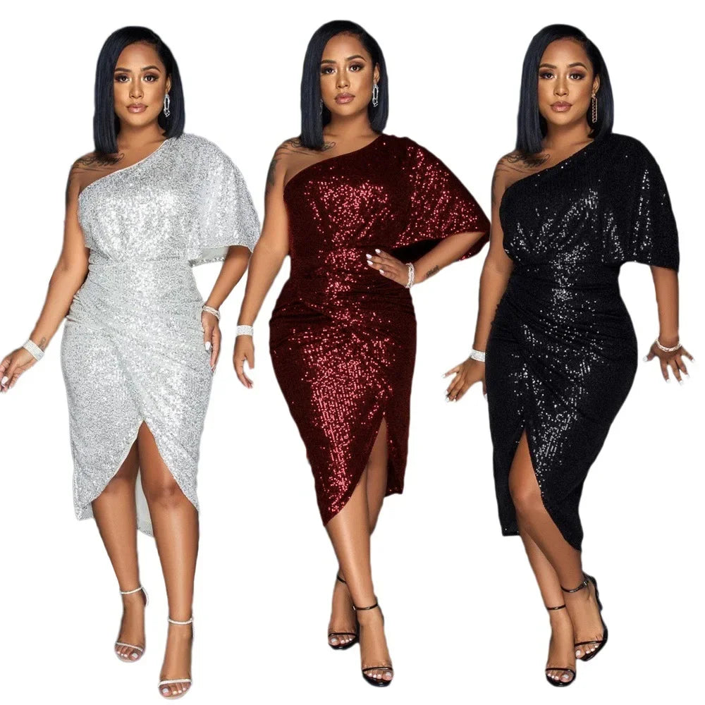 Patchoque Off-Shoulder Dress Solid Color Sequin Anti-Static Cross-Border Dress