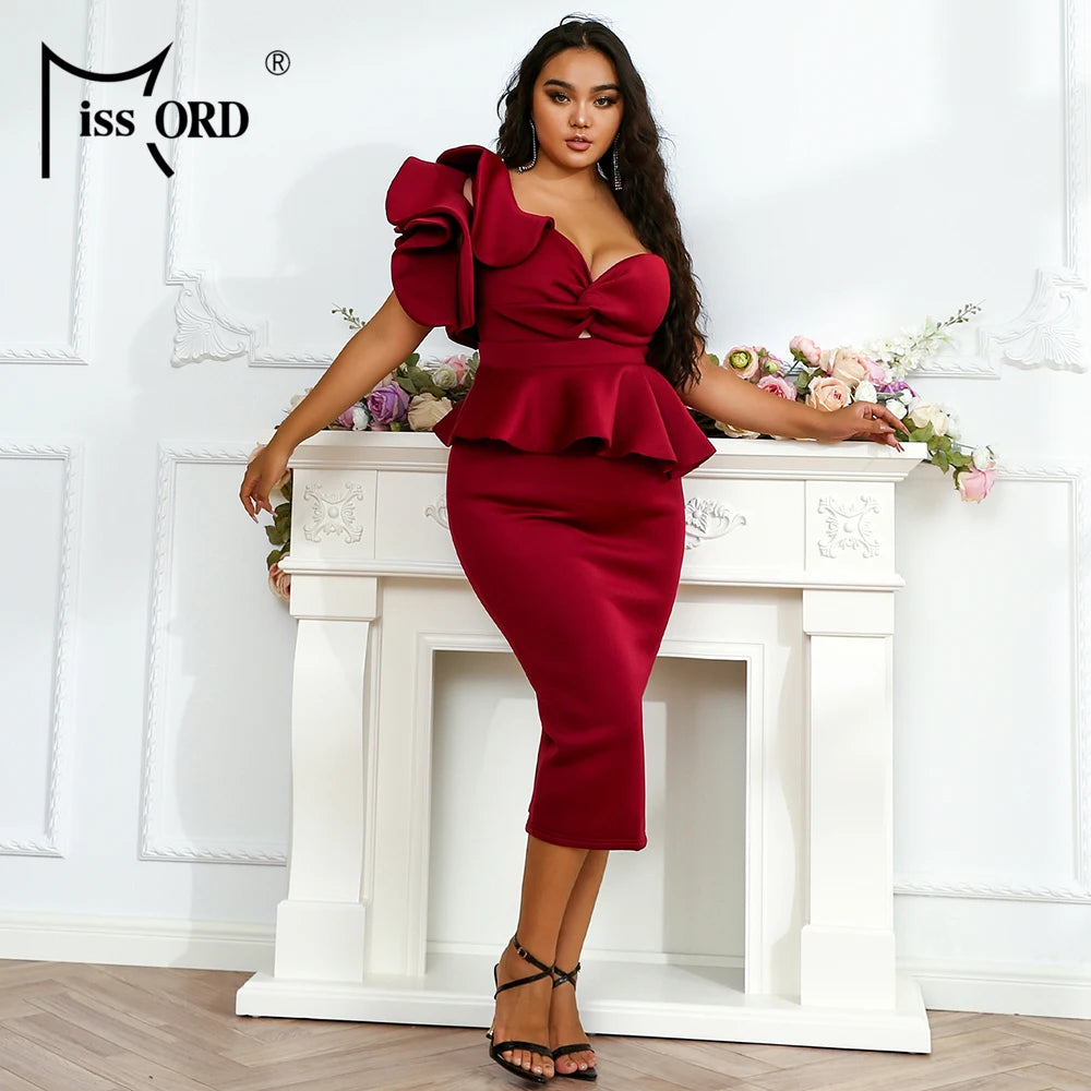 Missoury Red Knitted Midi Plus Size Elegant One Shoulder Sleeveless Ruffles Bodycon Dress