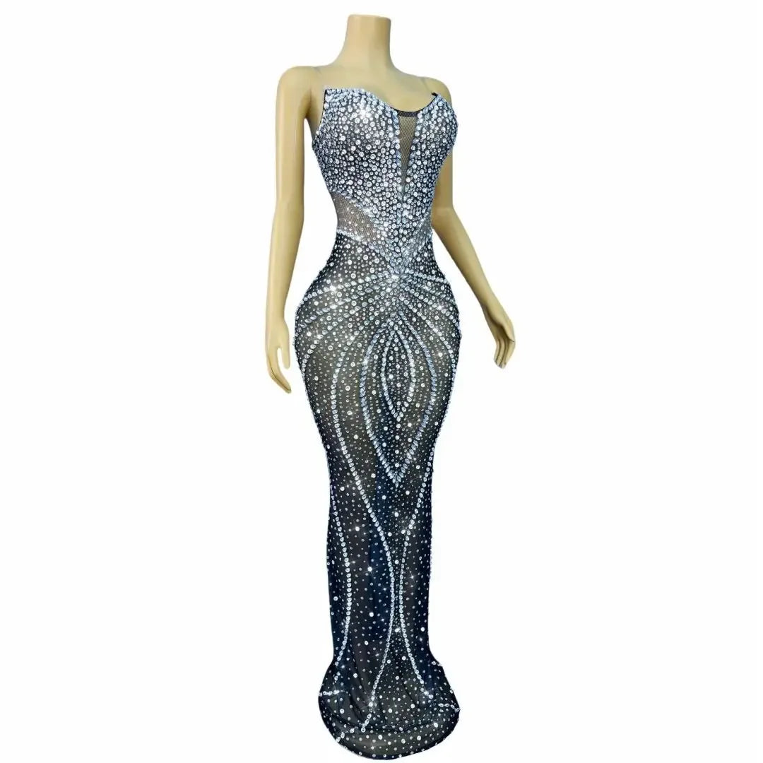 Allamuchy  Elegant Floor Length Bodycon Off-The-Shoulder Crystal Illusion Dress