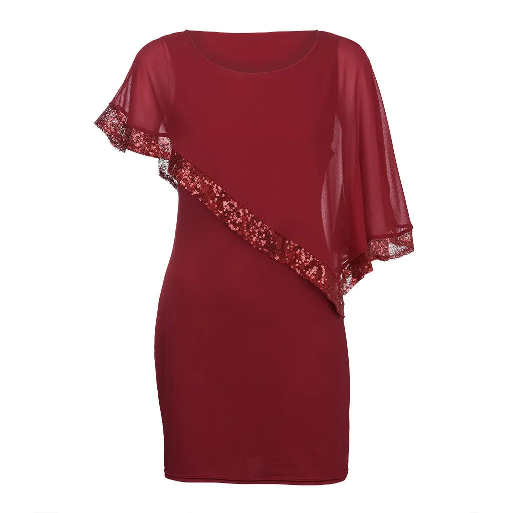 Carolina Plus Size Sexy Cold Shoulder Overlay Asymmetric Chiffon Strapless Sequins Dress