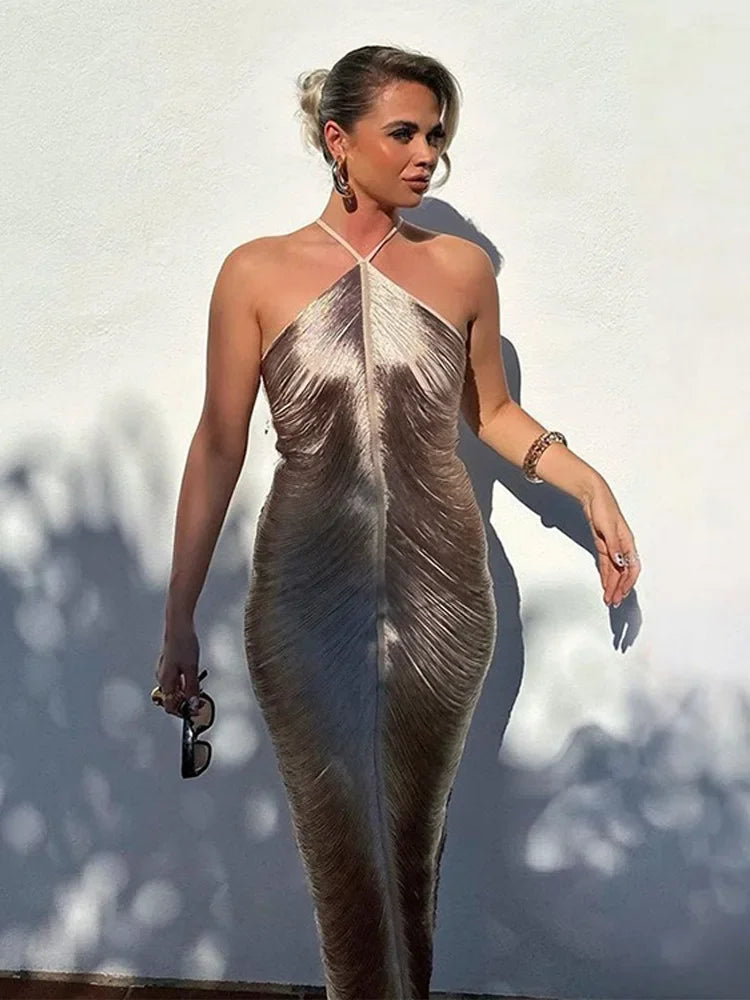 Titusville Fashion Elegant Tassel Back Split Hanging Neck Patchwork Dress