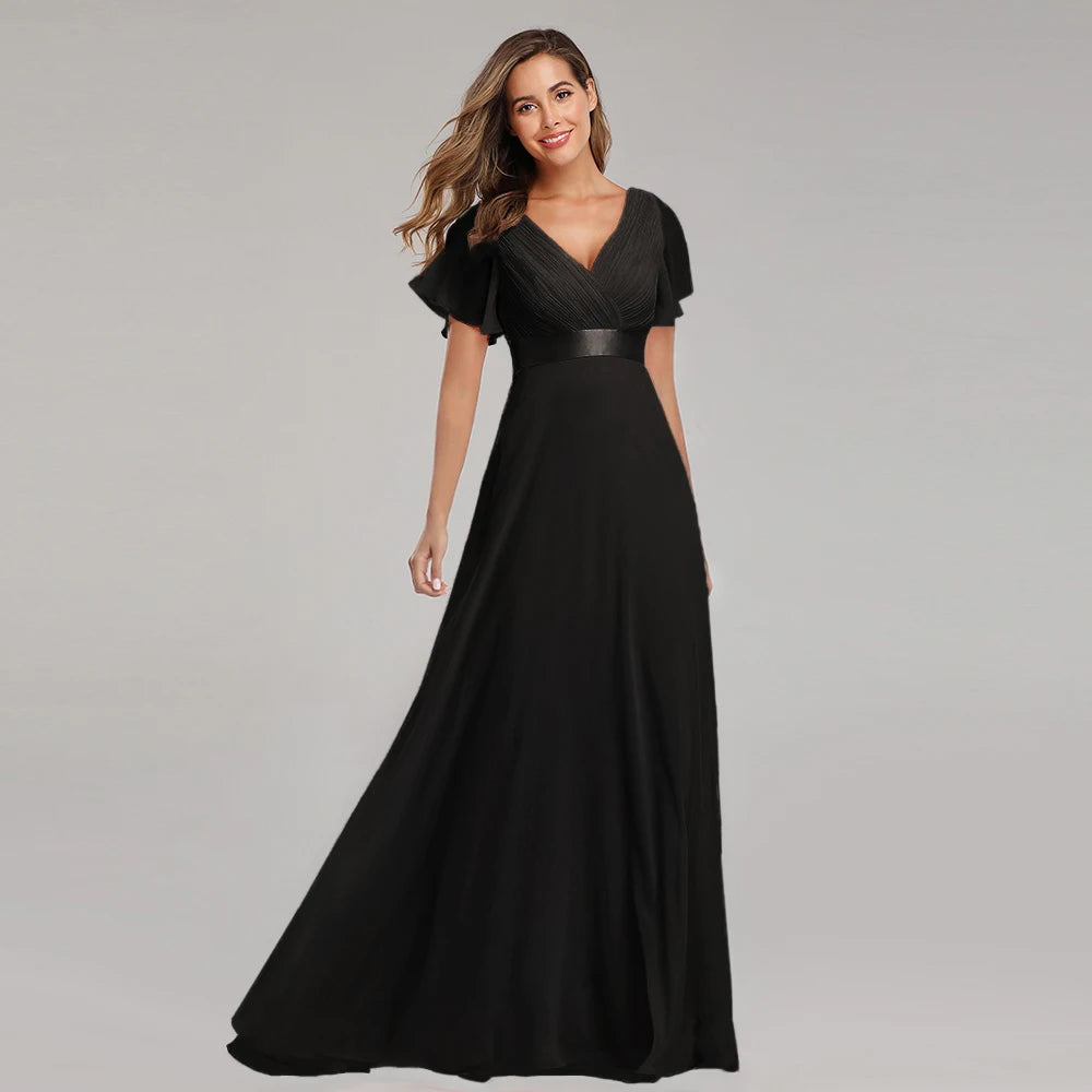 Kerney Elegant V Neck Ruffles Chiffon Formal Evening Gown Dress