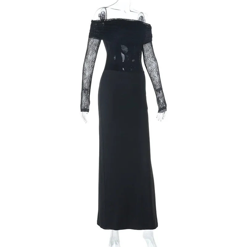 Norwalk Off the Shoulder Long Sleeve Black Lace Tight Waist Maxi Long Dress
