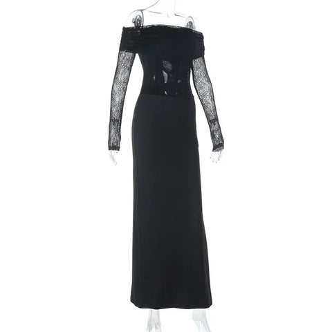 Norwalk Off the Shoulder Long Sleeve Black Lace Tight Waist Maxi Long Dress