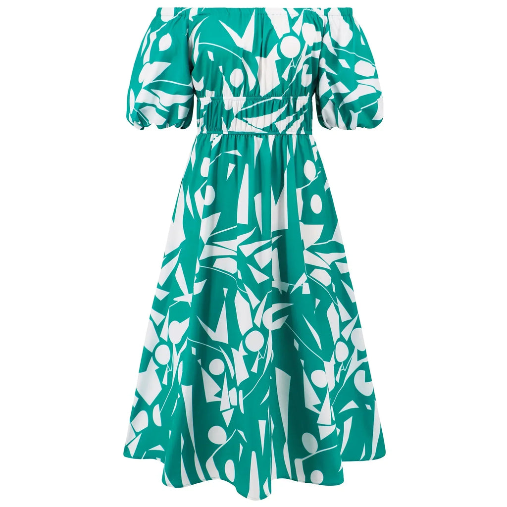 Sexy off Shoulder Bubble Sleeves Printed Maxi Dress Bohemian