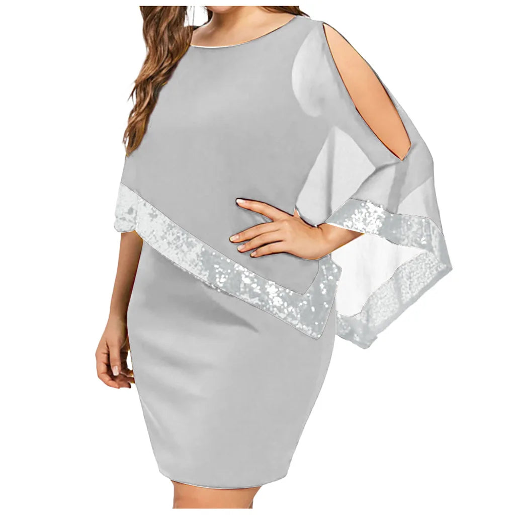 Carolina Plus Size Sexy Cold Shoulder Overlay Asymmetric Chiffon Strapless Sequins Dress