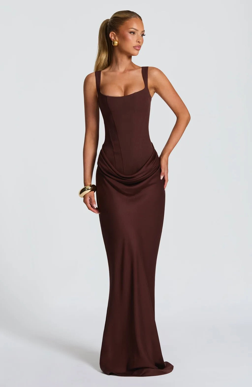 Bullshead Elegant Lady Pleated Sling Solid Sleeveless Off Shoulder Waist Dress