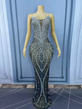 Allamuchy  Elegant Floor Length Bodycon Off-The-Shoulder Crystal Illusion Dress