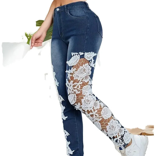 Mantage Lace Hollowed-Out Mid-Waist Jeans Casual Slim Fit Skinny Denim
