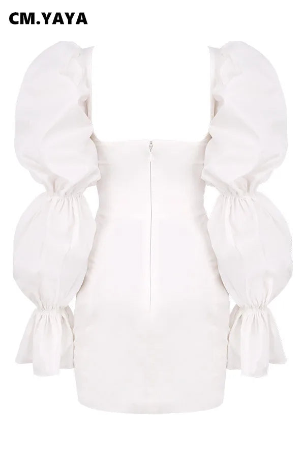 Bayonne Solid Full Puff Sleeve Square Collar Bandage Stretchy Bodycon Dresses