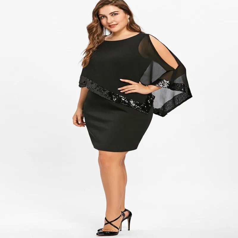 Carolina Plus Size Sexy Cold Shoulder Overlay Asymmetric Chiffon Strapless Sequins Dress