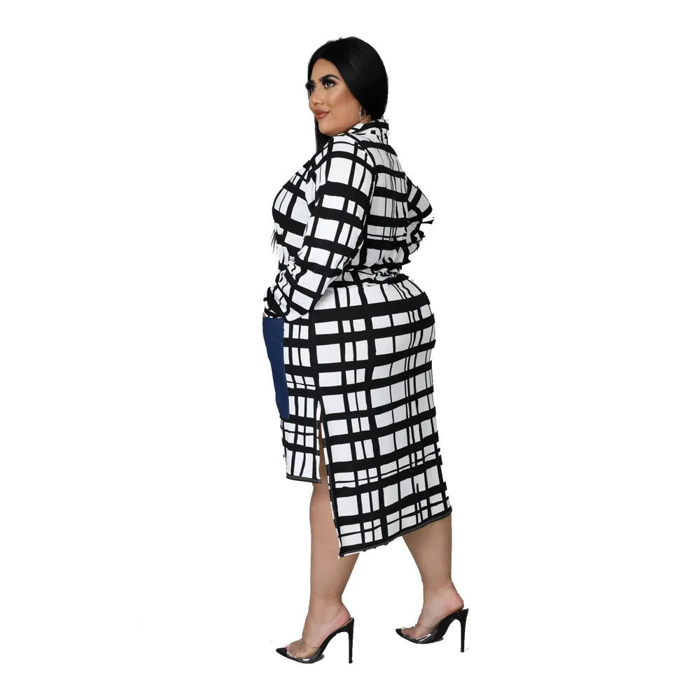 Kentucky Buttons Casual Long Sleeve Loose Office Lady Plaid Midi Dress