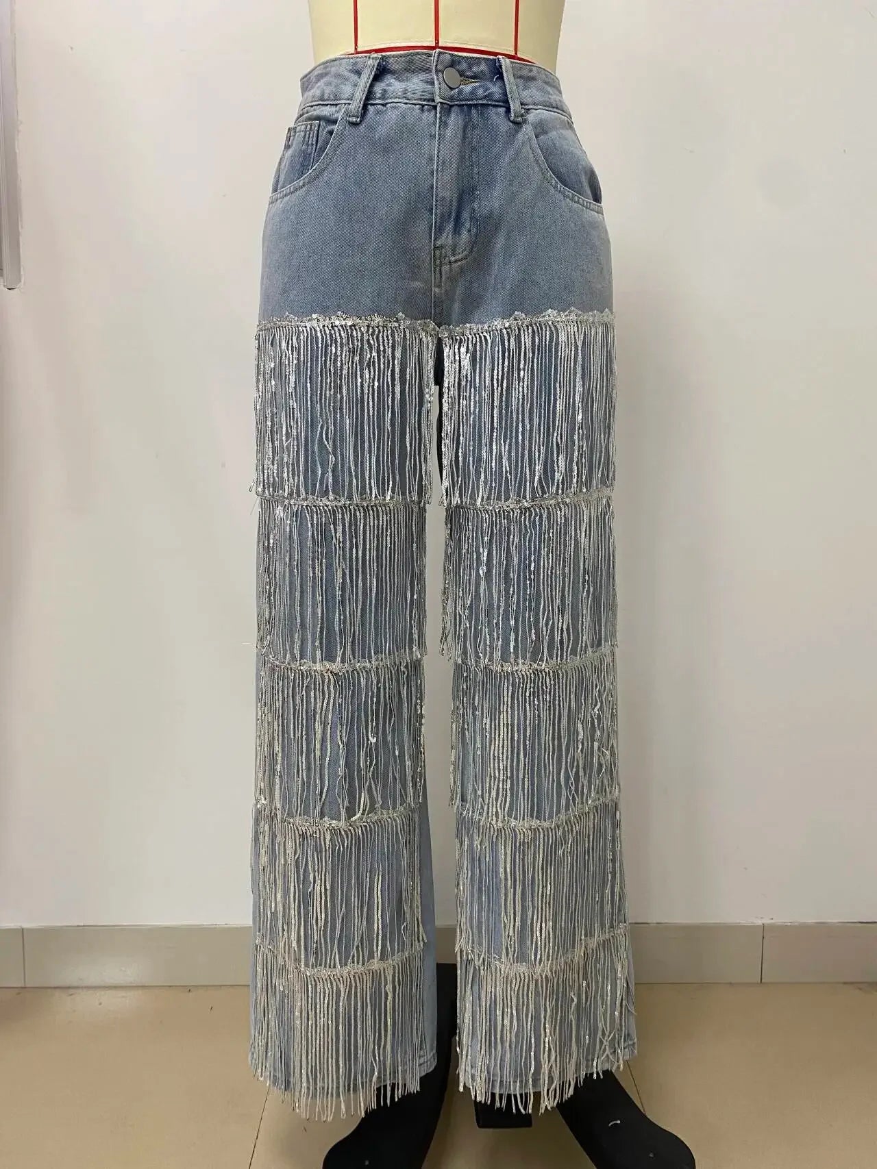 Maurice River High Waisted Fringe Wide Leg Baggy Bling Tassel Denim