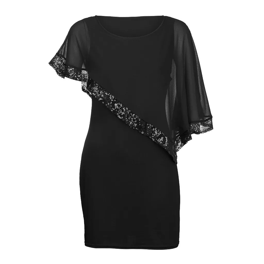 Carolina Plus Size Sexy Cold Shoulder Overlay Asymmetric Chiffon Strapless Sequins Dress