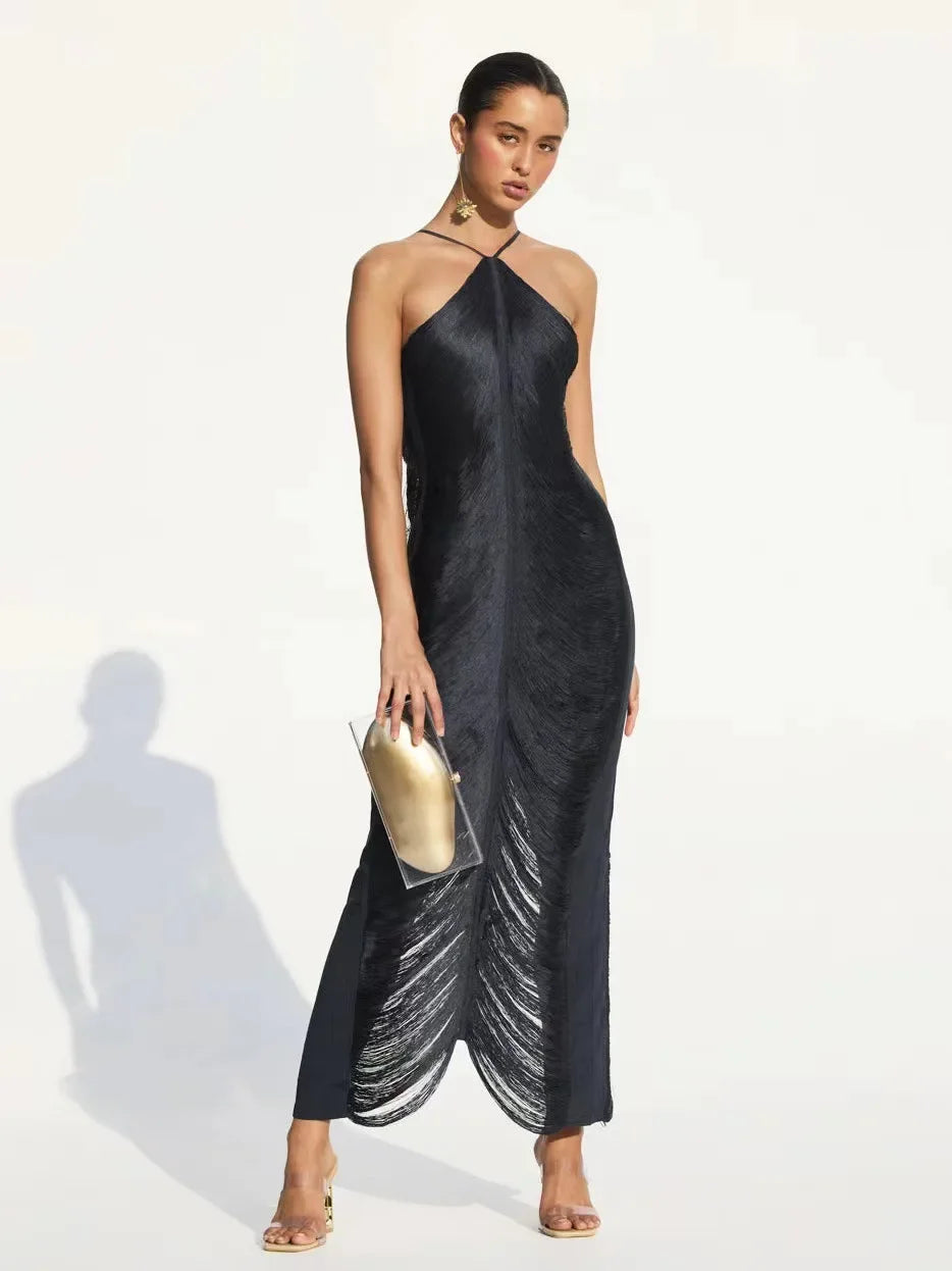 Titusville Fashion Elegant Tassel Back Split Hanging Neck Patchwork Dress