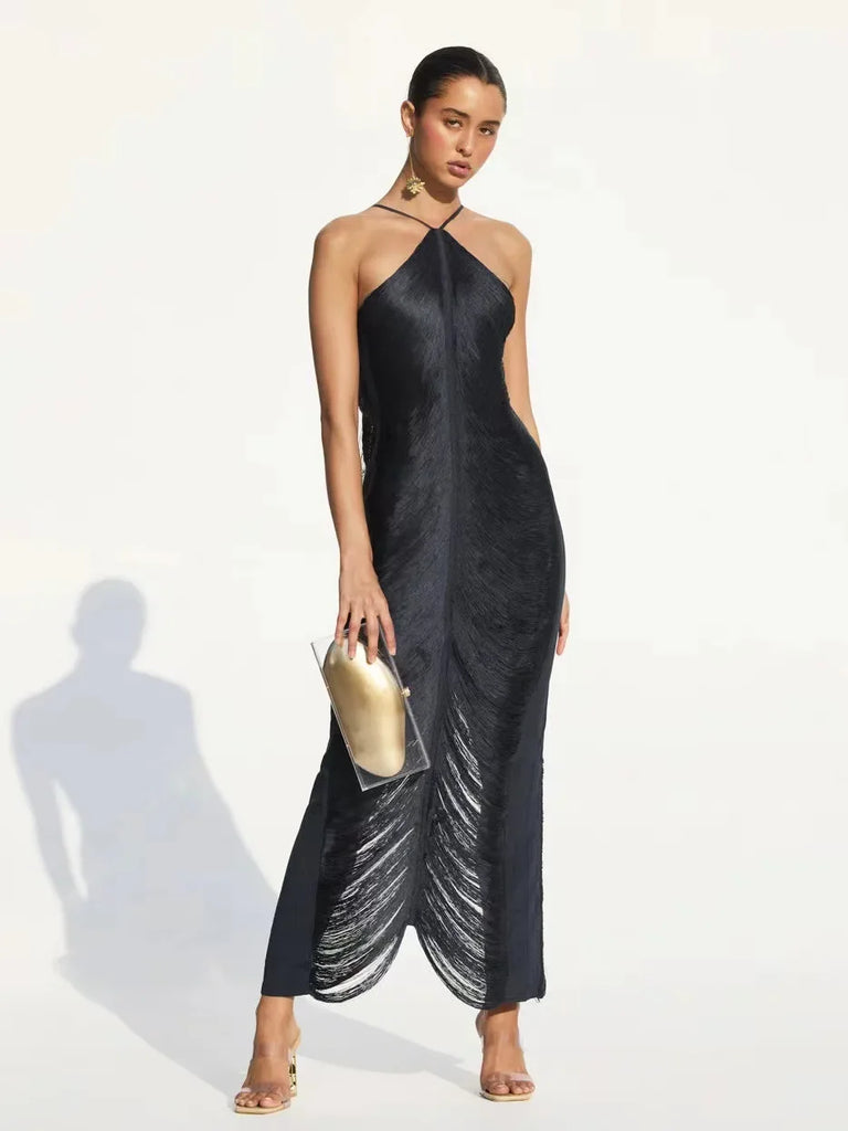 Titusville Fashion Elegant Tassel Back Split Hanging Neck Patchwork Dress