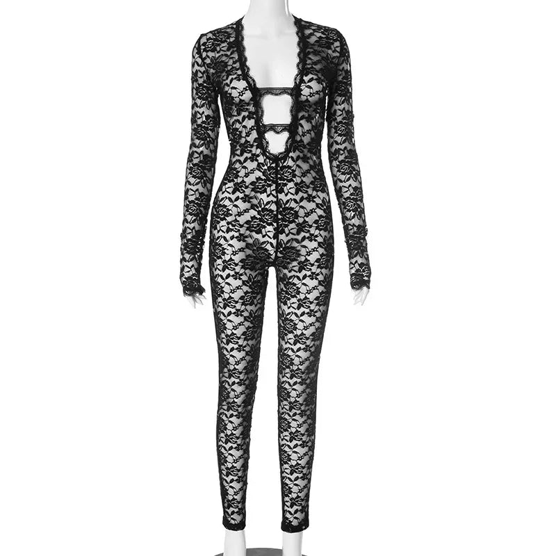 Trumbull Long Sleeve Black Lace Deep v Neck See Through Jumpsuit