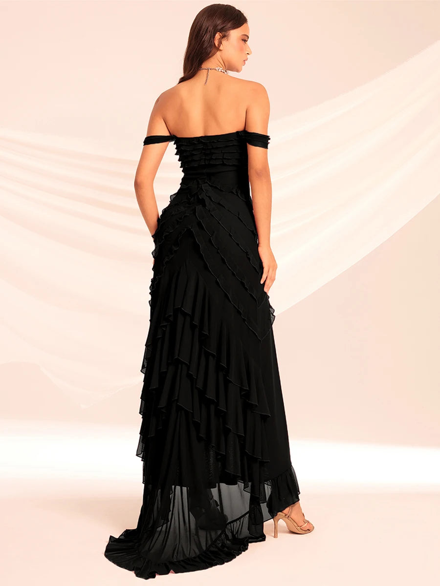 Willow Grove Strapless Ruffles Elegant Print Knitted Evening Gown Maxi Dress