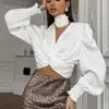 Swainton Long Sleeve Twist Front Casual V Neck Tops Elegant Satin White Blouse