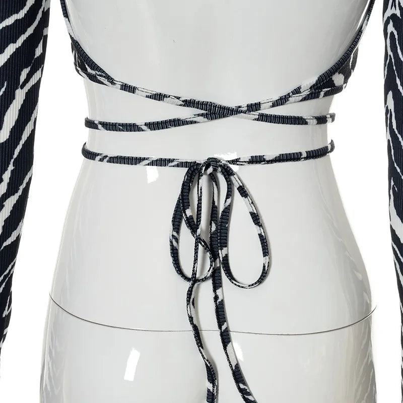 Saturn Sexy Backless Lace ups Pullover Black O Neck Slim Long Sleeve Tops