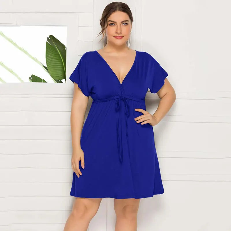 PLUS SIZE V Neck Sleeve Elastic Waist Frenulum Casual Loose Mini Dress