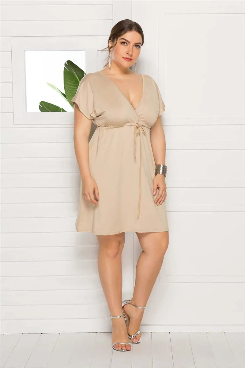 PLUS SIZE V Neck Sleeve Elastic Waist Frenulum Casual Loose Mini Dress