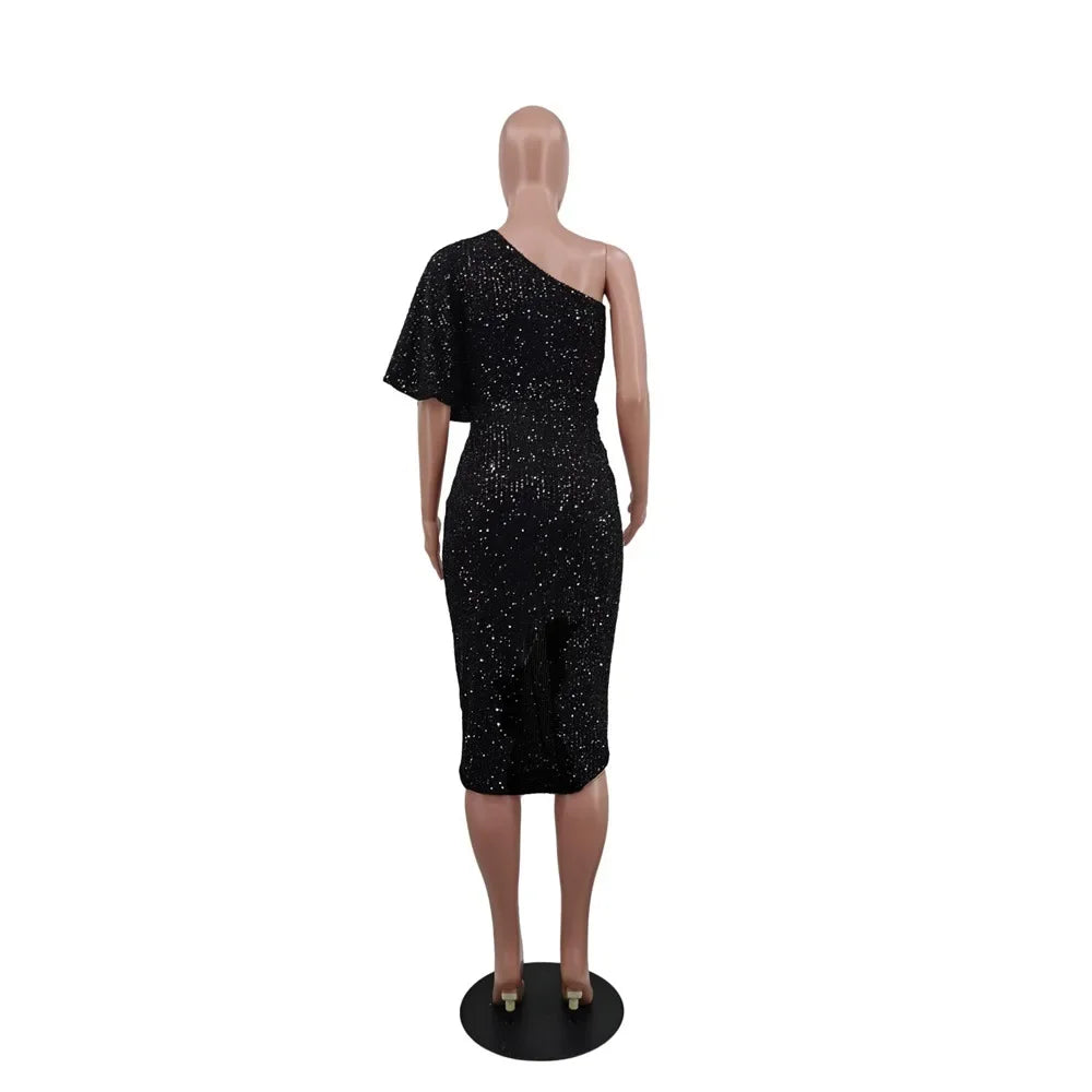 Patchoque Off-Shoulder Dress Solid Color Sequin Anti-Static Cross-Border Dress
