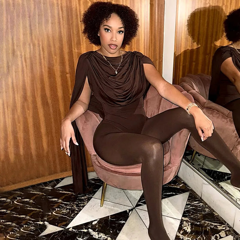 Chicopee Draped Cowl Neck Solid Color Slim Trendy Sleeveless Casual Jumpsuit