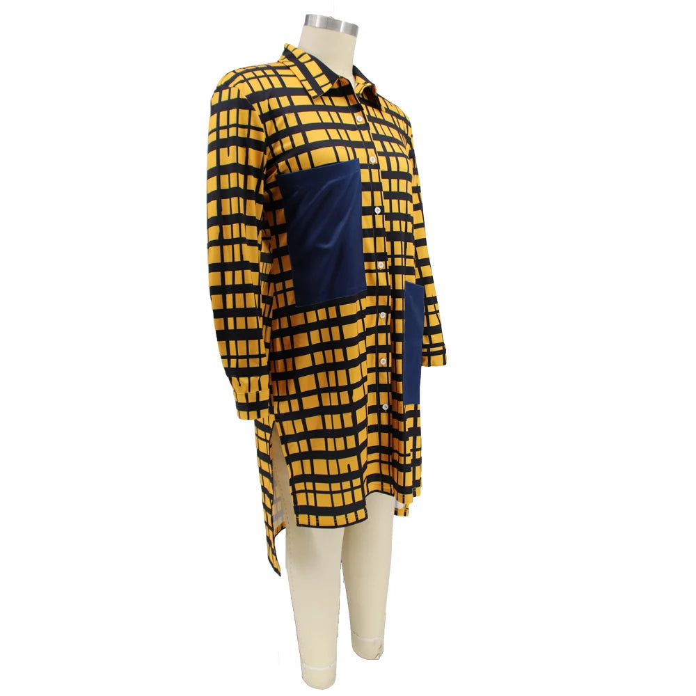 Kentucky Buttons Casual Long Sleeve Loose Office Lady Plaid Midi Dress