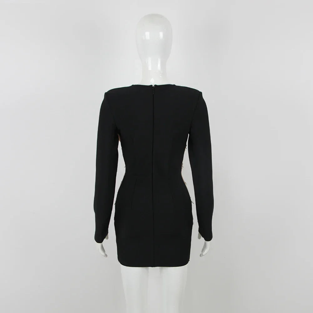 Cedar Knolls Elegant Black Bodycon Long Sleeve Bandage Patchwork Deep V-Neck Dress