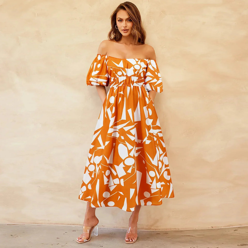 Sexy off Shoulder Bubble Sleeves Printed Maxi Dress Bohemian