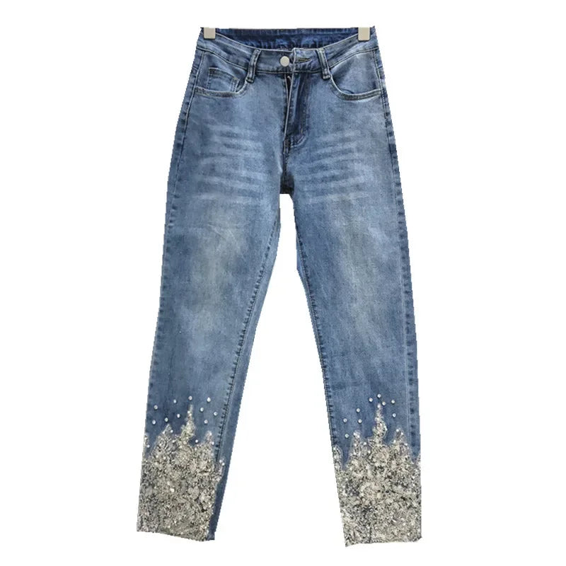 Mystic Island Elegant Casual Heavy Industry Nail Bead Sequin Lace Hollow Jeans