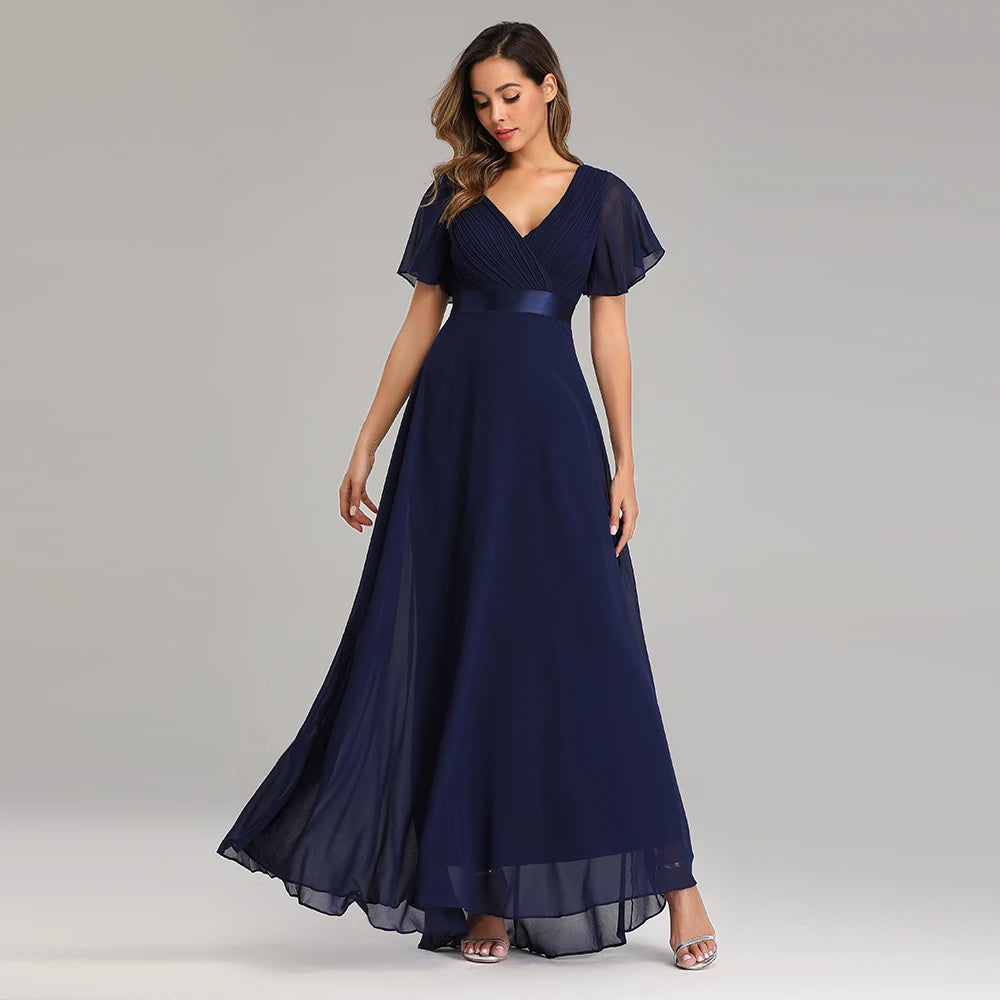 Kerney Elegant V Neck Ruffles Chiffon Formal Evening Gown Dress