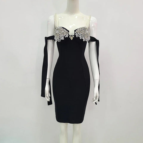 Cranford Backless Pearl Diamonds Crystal Black Mini Bodycon Bandage Dress