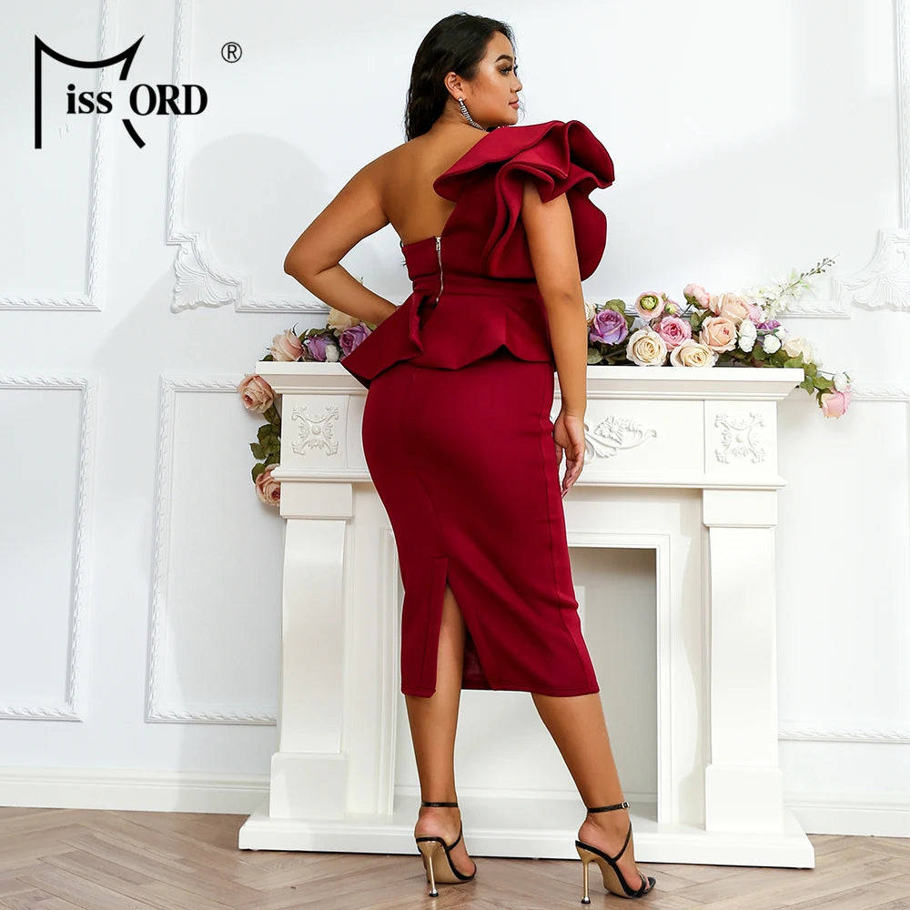 Missoury Red Knitted Midi Plus Size Elegant One Shoulder Sleeveless Ruffles Bodycon Dress