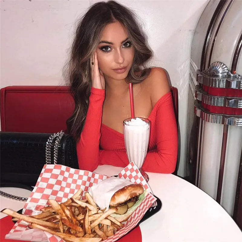 Marte Club Fashion Long Sleeve Off Shoulder Solid Color Blouse