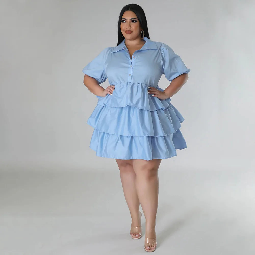 Chicago Solid Color Plus Size Ruffles Casual Loose Turn-Down Collar Dress