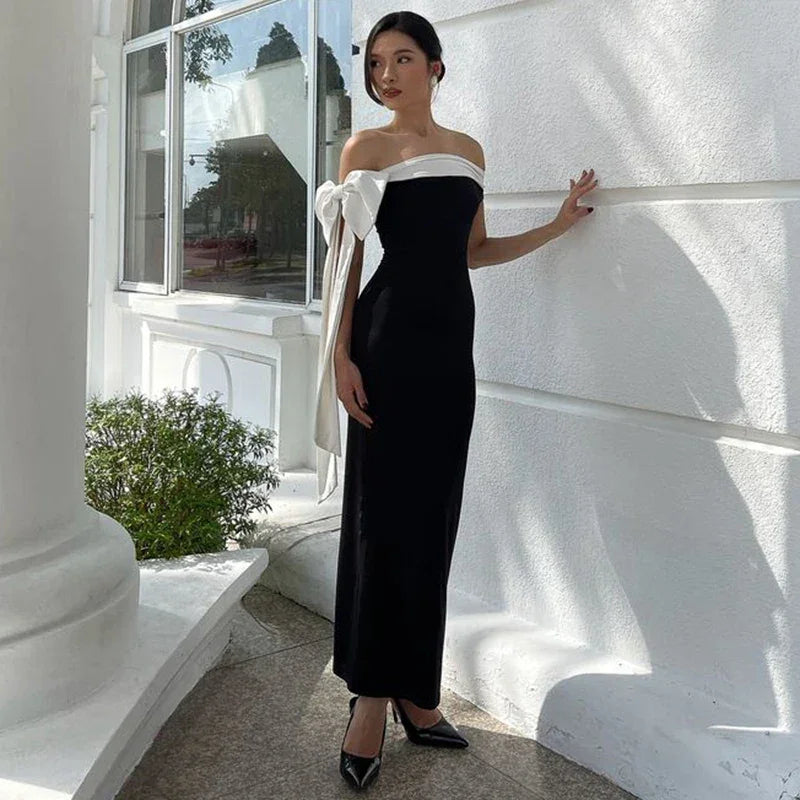 Rockaway Minimalism Color blocking Ribbon Bow Off Shoulder Fitted Floor Length Dress